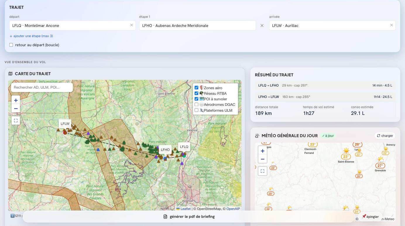 Mon Plan de Vol — vue principale : carte du trajet avec espaces aériens et résumé de navigation