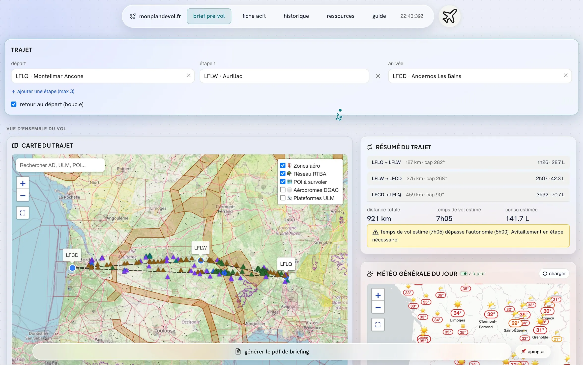 monplandevol.fr — navigation à étapes : carte du trajet, espaces aériens, RTBA et résumé par tronçon