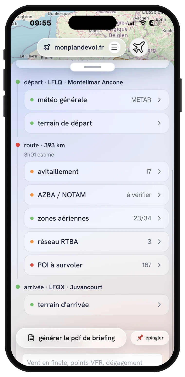 monplandevol.fr sur iPhone : la trame de briefing — avitaillement, AZBA, zones, RTBA et POI d'un coup d'œil