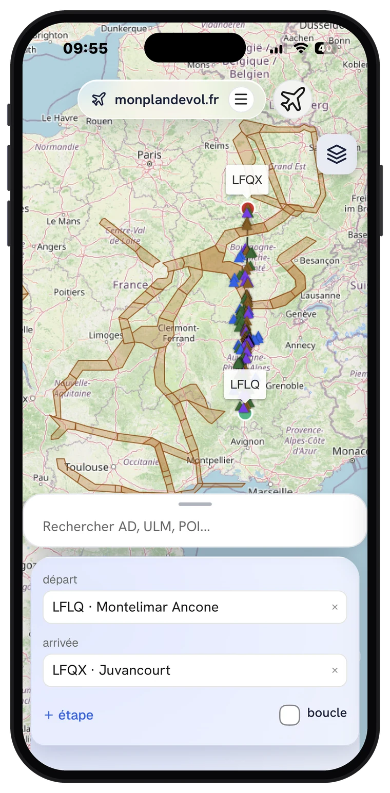 monplandevol.fr sur iPhone : carte du trajet avec le réseau RTBA et les points d'intérêt