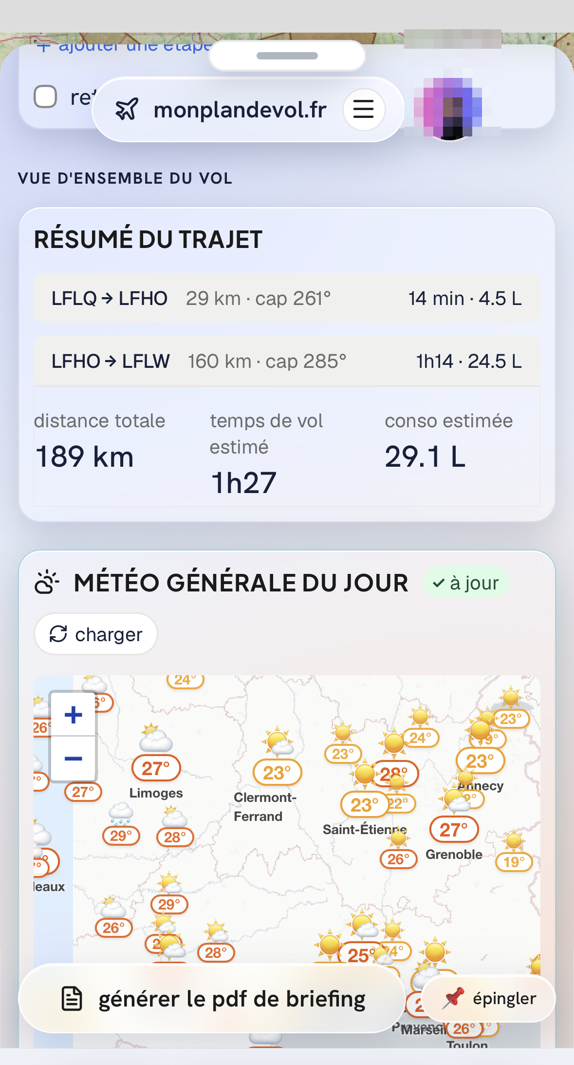 Mon Plan de Vol sur iPhone : résumé du trajet et météo du jour