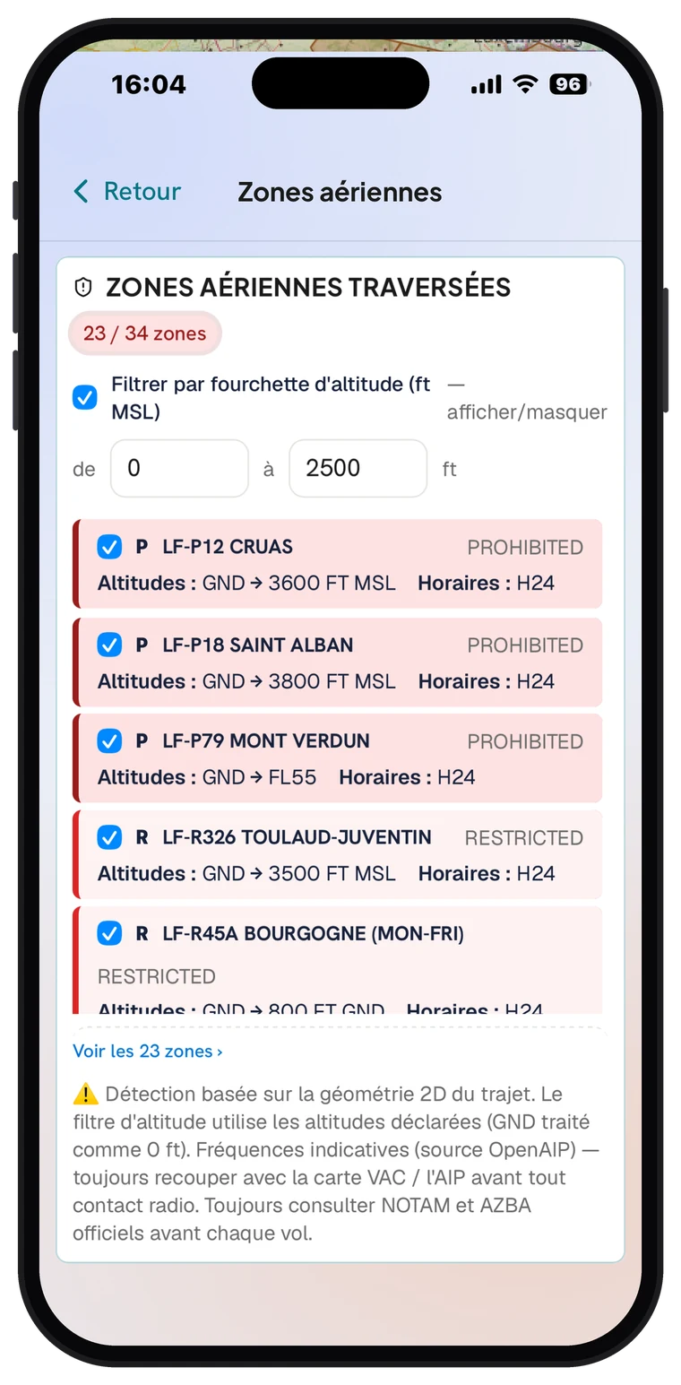 monplandevol.fr sur iPhone : le détail des zones aériennes en plein écran, avec altitudes et horaires