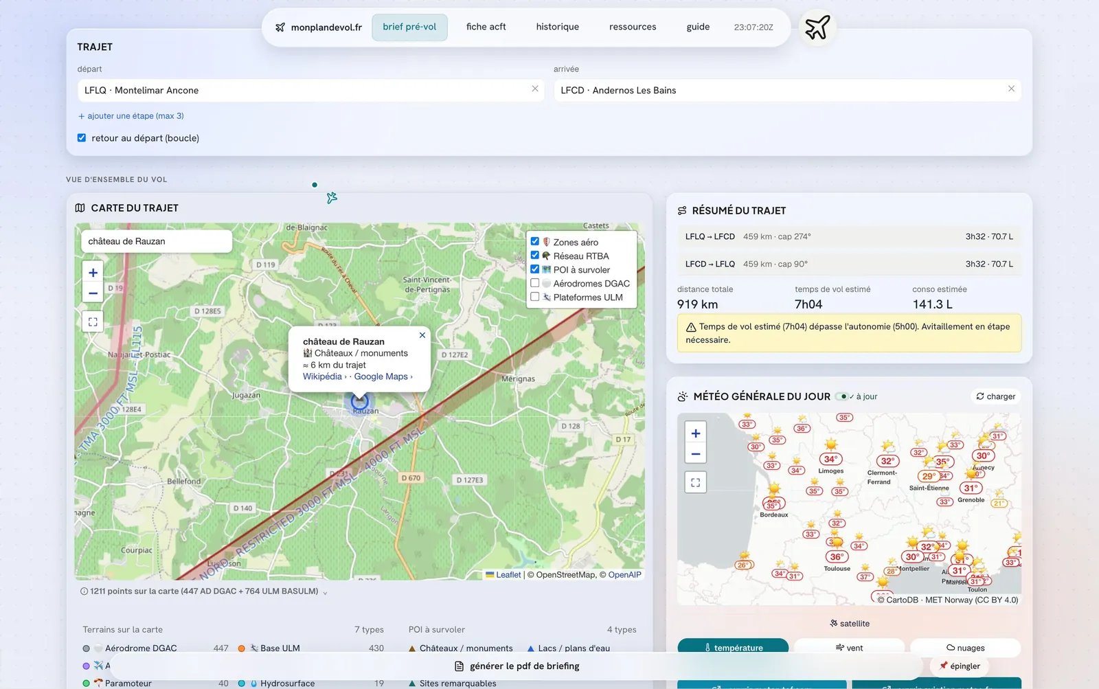 Point d'intérêt cliqué sur la carte : château de Rauzan, à 6 km du trajet