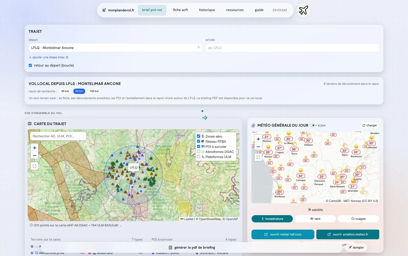 Vol local depuis LFLQ : disque de recherche de 50 km et terrains de déroutement