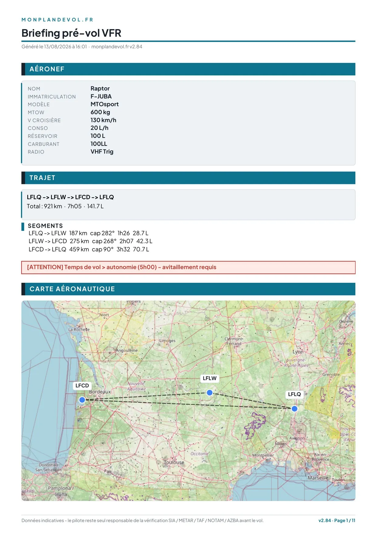 Première page du briefing PDF : aéronef, trajet, segments et carte aéronautique